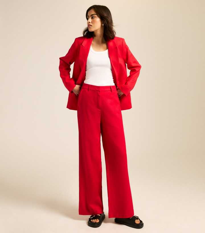 Red Linen Blend Wide Leg Trousers