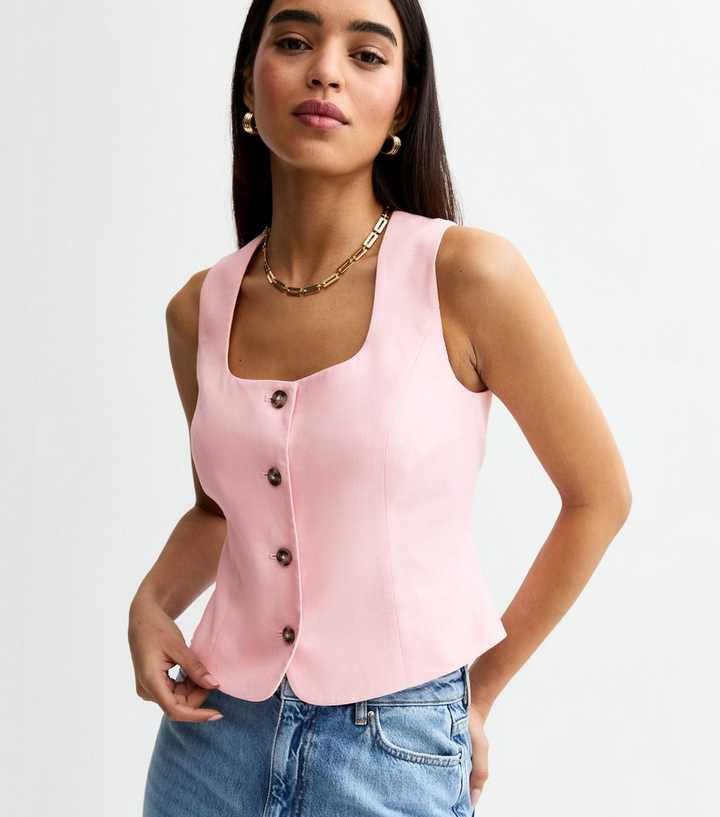 Pink Linen Blend Square Neck Waistcoat