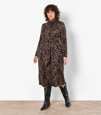 Apricot Curve Brown Inkblot Print Tie Waist Dress