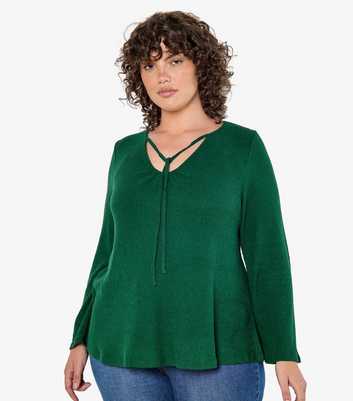 Apricot Curves Green Rib Knit Tie Neck Top