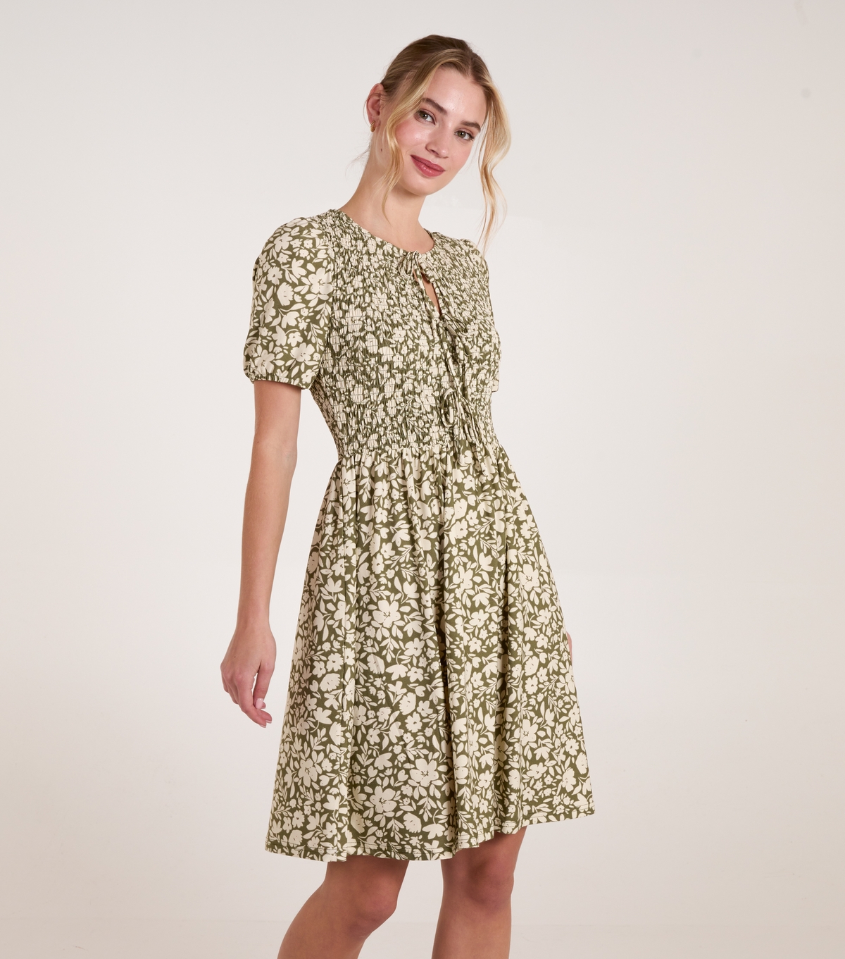 Women's Green Floral Shirred Puff Sleeve Mini Dress Blue Vanilla New Look