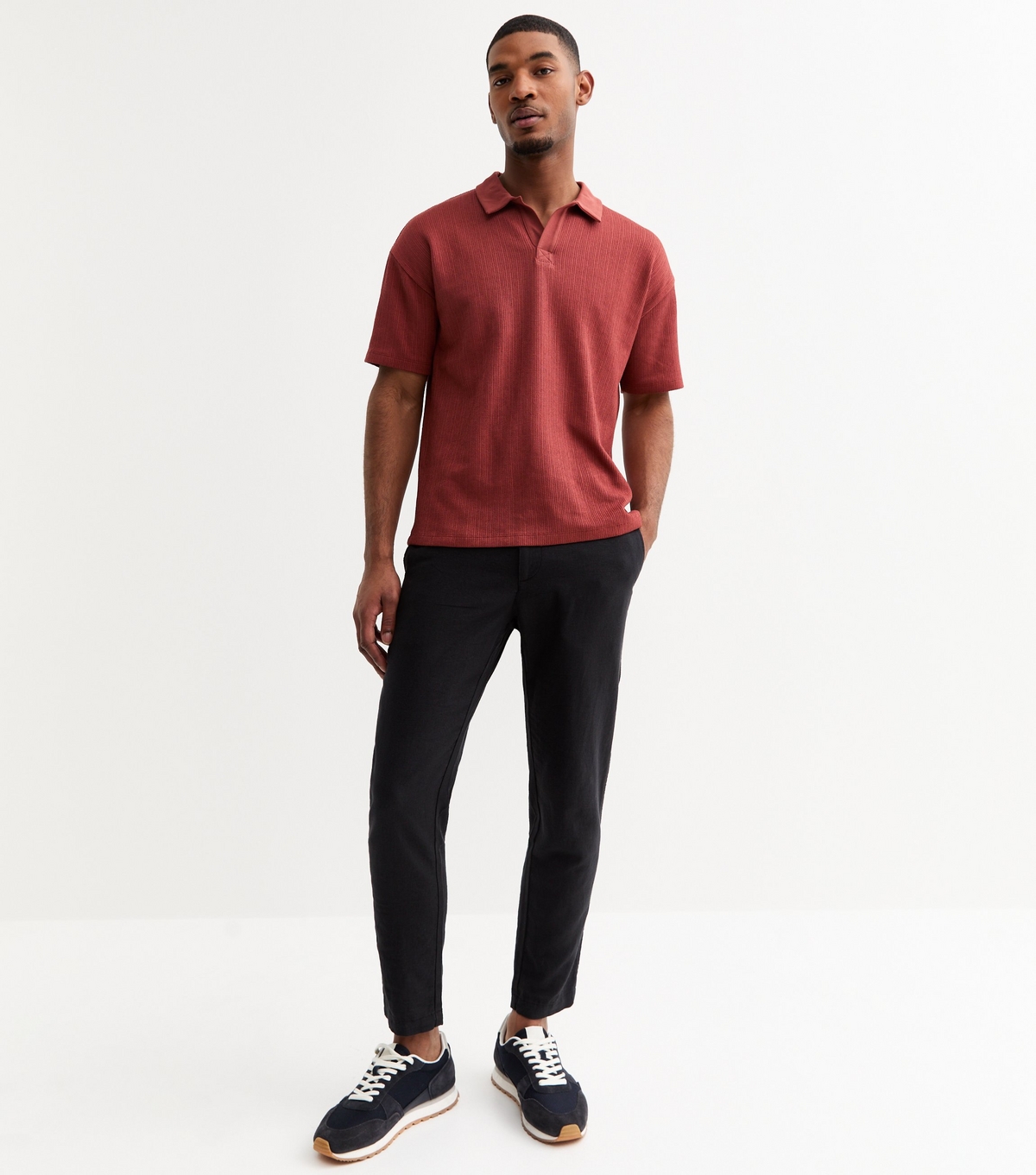 Men's Black Regular Tapered Leg Linen Blend Trousers New Look