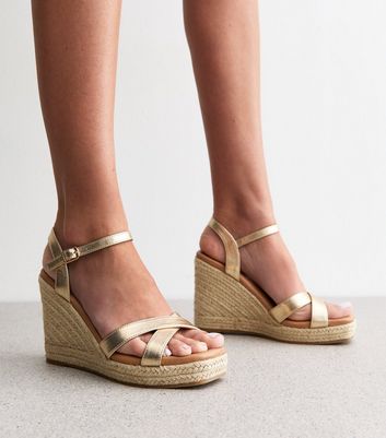 Gold Faux Leather Wedge Sandals | New Look