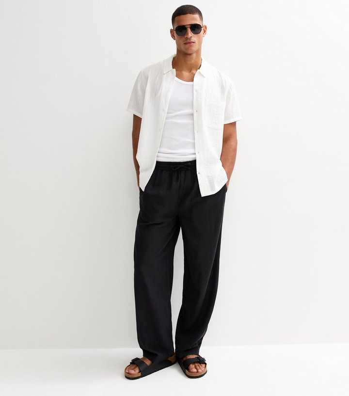 Black Relaxed Linen Blend Wide Leg Trousers
