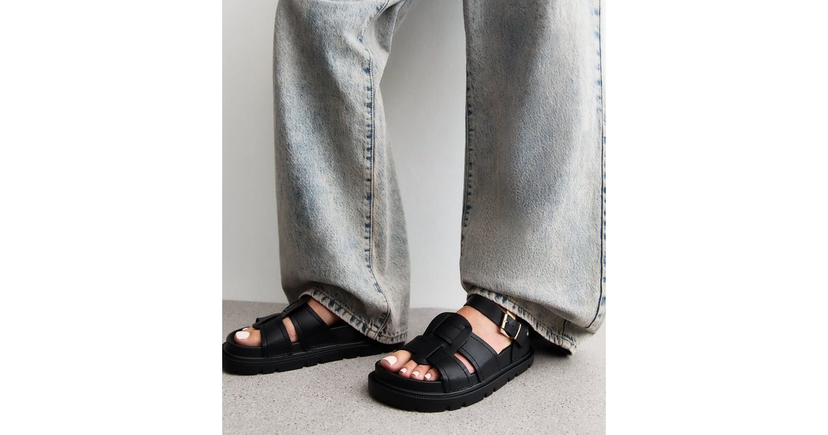 Wide Fit Black Woven Straps Faux Leather Sandals New Look
