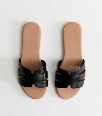 Wide Fit Black Faux Leather Cutout Flat Sandals