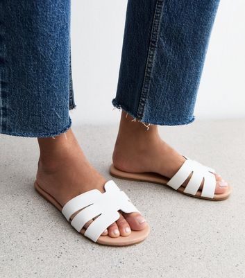 Wide Fit White Faux Leather Cutout Flat Sandals