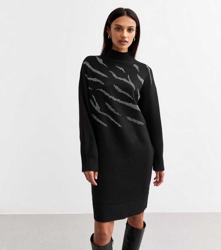 Sunshine Soul Black Zebra Print Silver Tone Embellished High Neck Jumper Midi Dress