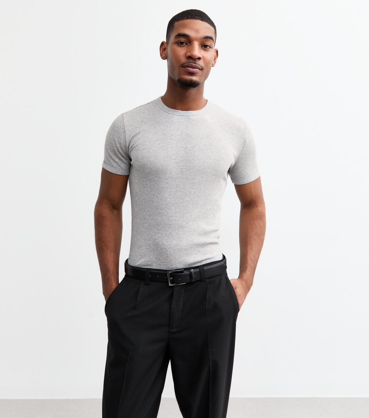 Men's Grey Muscle Fit Ribbed Jersey T-Shirt New Look