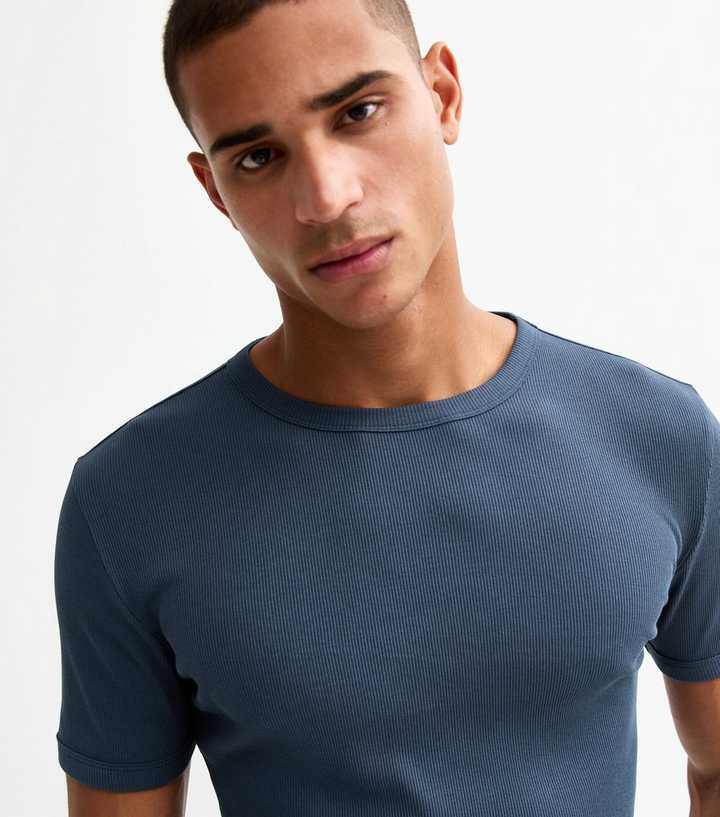 Navy Muscle Fit Ribbed Jersey T-Shirt
