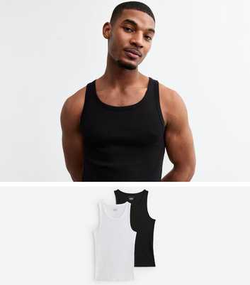 2 Pack Black/White Muscle Fit Ribbed Vest