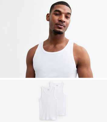 2 Pack White Muscle Fit Ribbed Vest