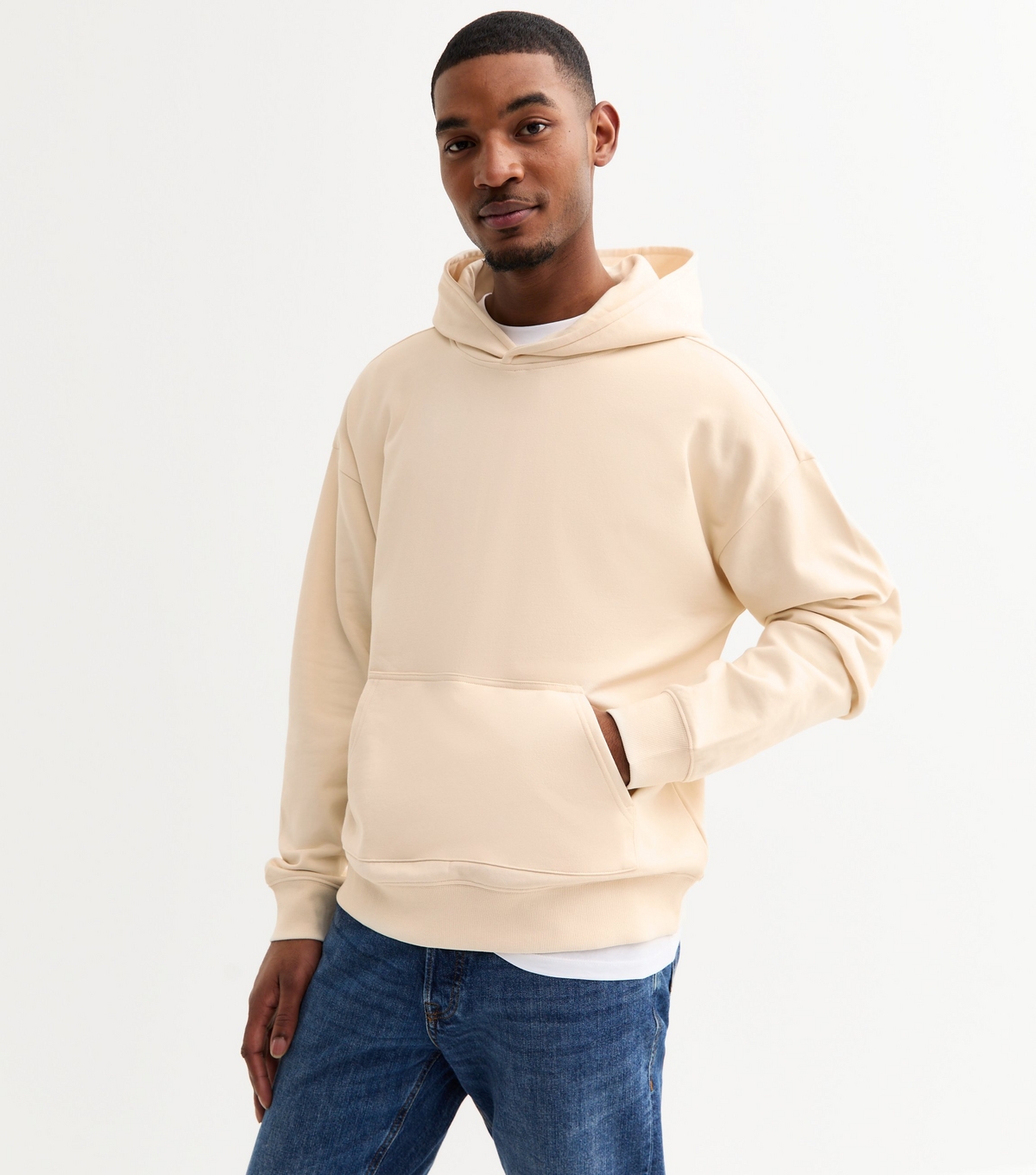 Men's Cream Oversized Jersey Hoodie New Look