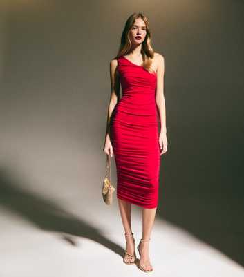 Red One Shoulder Ruched Midi Dress