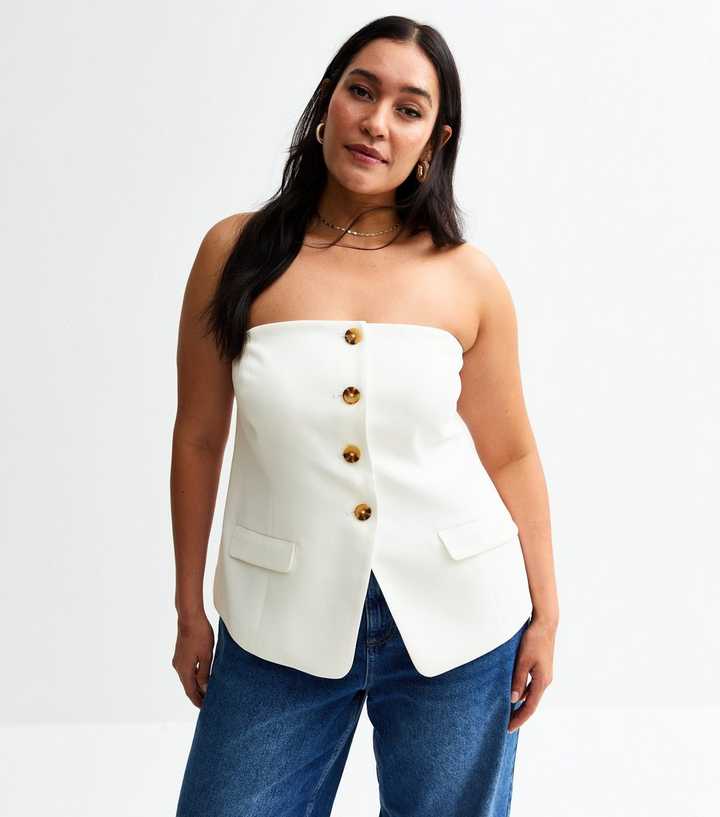Curves White Button Front Bandeau Waistcoat Top