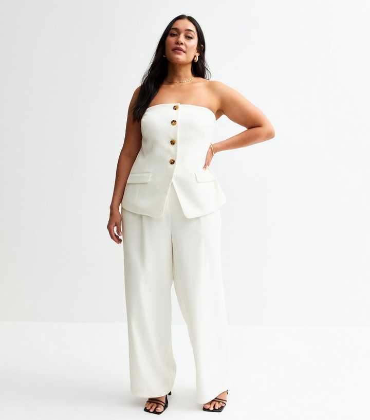 Curves White Wide Leg Tailored Trousers