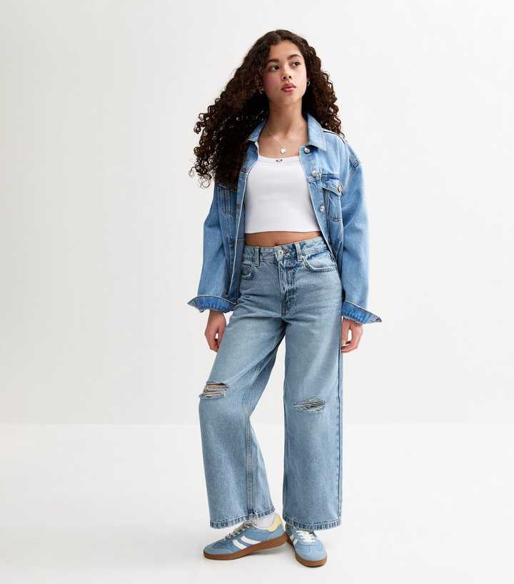 Light Blue Ripped Knee Super Wide Leg Jeans