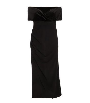 QUIZ Curves Black Velvet Bardot Maxi Dress New Look