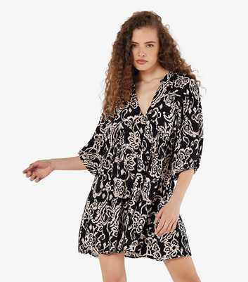 Apricot Black Ikat Sarasa Print Babydoll Dress