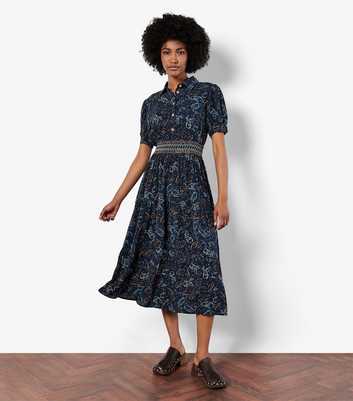 Apricot Navy Paisley Midi Shirt Dress