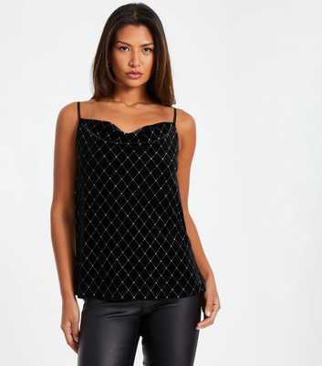 QUIZ Black Velvet Diamanté Cowl Neck Top