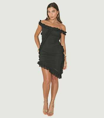 WKNDGIRL Black Ruffle Trim Asymmetrical Mini Dress