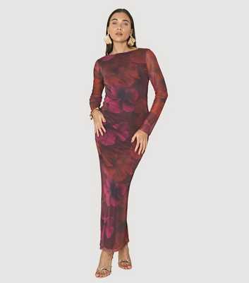 WKNDGIRL Burgundy Floral Mesh Midi Dress