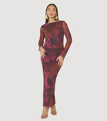 WKNDGIRL Burgundy Floral Mesh Midi Dress New Look