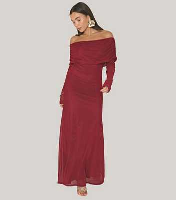 WKNDGIRL Burgundy Mesh Bardot Maxi Dress