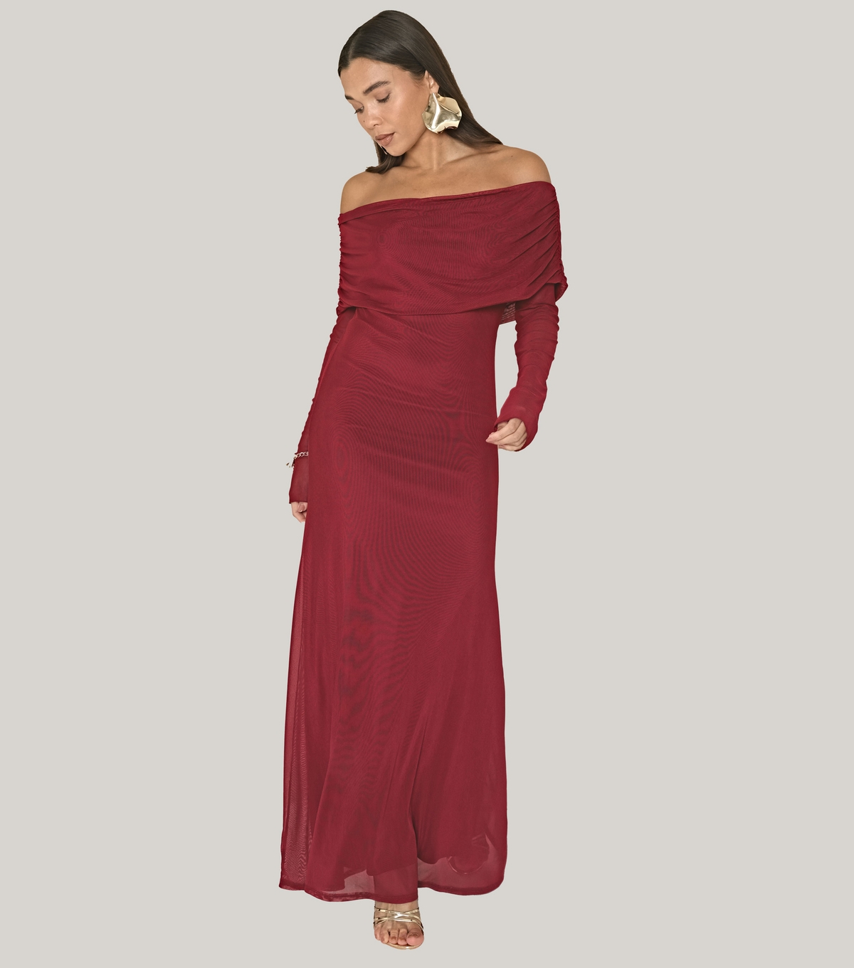Women's Burgundy Mesh Bardot Maxi Dress WKNDGIRL New Look
