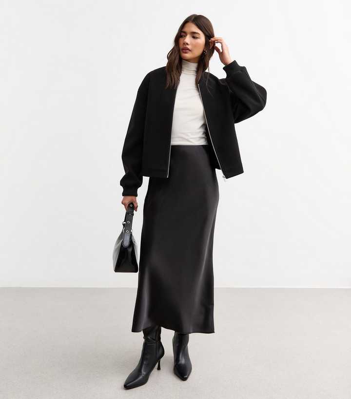 Black Textured Satin Midi Slip Skirt