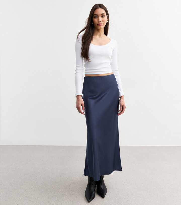 Midi Skirts Slip Skirt Petite Navy Textured Satin Midi Slip Skirt