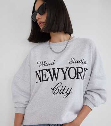 WKNDGIRL Grey New York Slogan Cotton Blend Sweatshirt