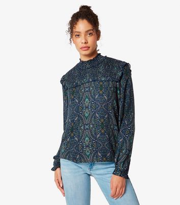CONTRAST RIBBON RUFFLE SLEEVE TOP - NAVY