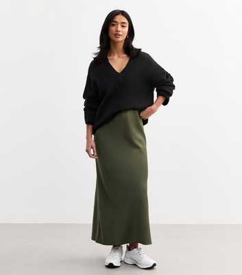 Petite Khaki Satin Midi Skirt