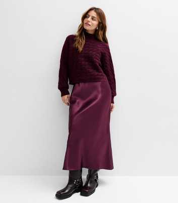 Petite Burgundy Satin Midi Skirt