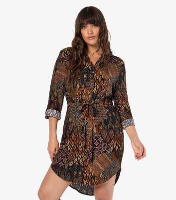 Apricot Black Tribal Patchwork Shirt Dress