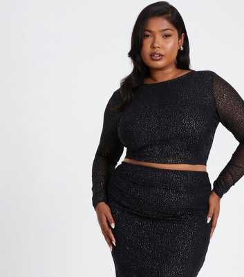 QUIZ Curves Black Glitter Mesh Crop Top 