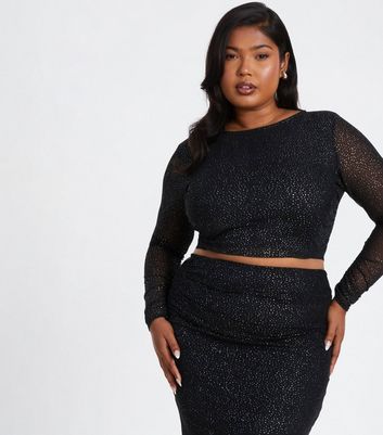 QUIZ Curves Black Glitter Mesh Crop Top New Look