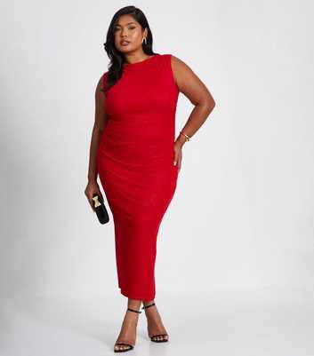 QUIZ Curves Red Glitter Jersey Midi Dress