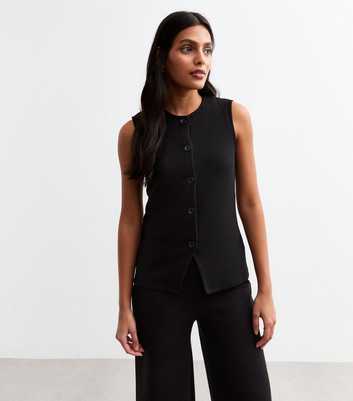 Black Soft Touch Ribbed Crew Neck Waistcoat