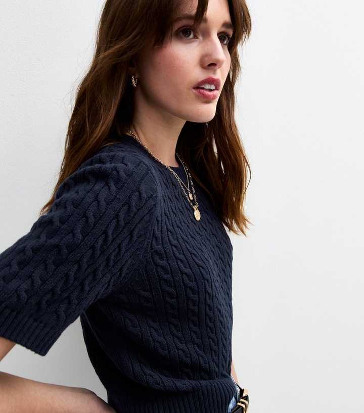 Navy Cable Knit Crew Neck Top