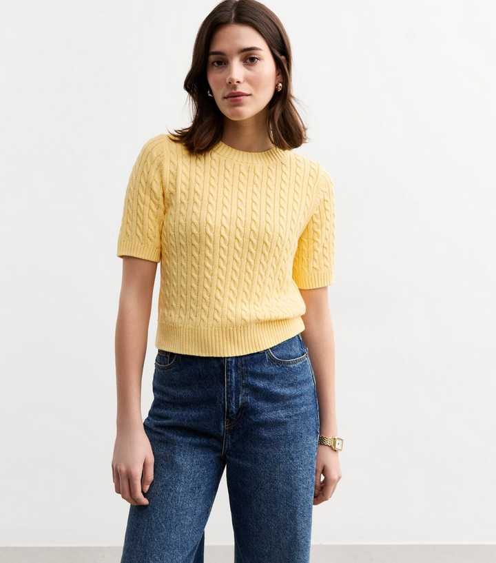Yellow Cable Knit Crew Neck Top