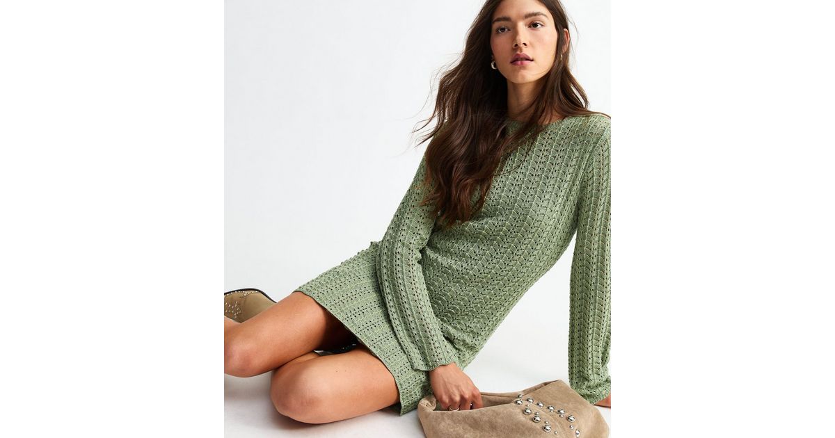 Green Shimmer Open Knit Mini Dress | New Look