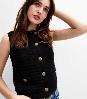 Black Textured Knit Button Up Vest