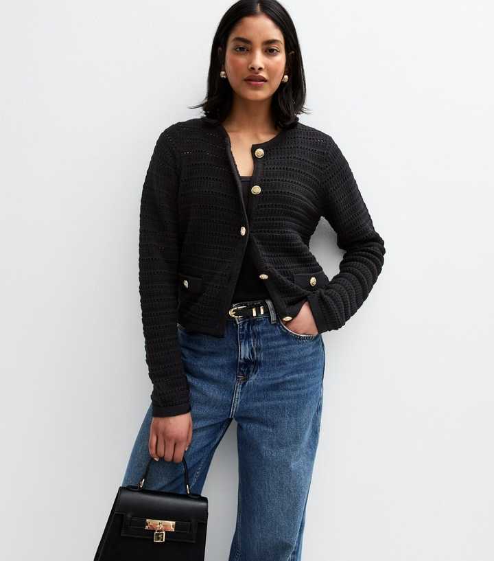 Black Open Knit Button Detail Cardigan