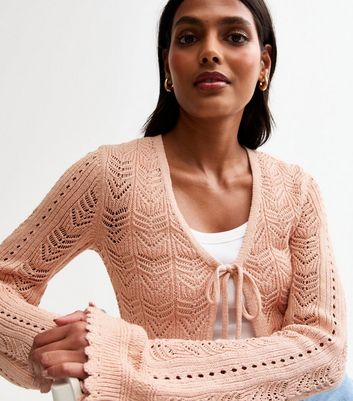 Light Pink Shimmer Stitch Open Knit Tie Front Cardigan | New Look
