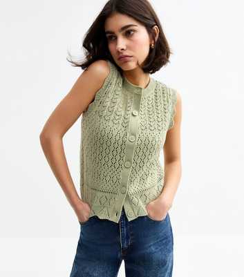 Light Green Open Knit Button Up Waistcoat