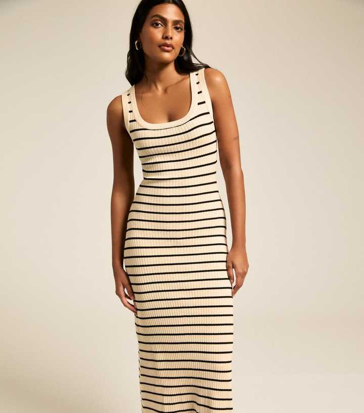 Off White Striped Rib Knitted Maxi Dress