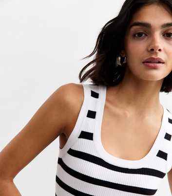 White Striped Scoop Neck Ribbed Vest